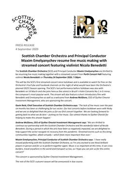 Scottish Chamber Orchestra and Principal Conductor Maxim Emelyanychev Resume Live Music Making with Streamed Concert Featuring Violinist Nicola Benedetti