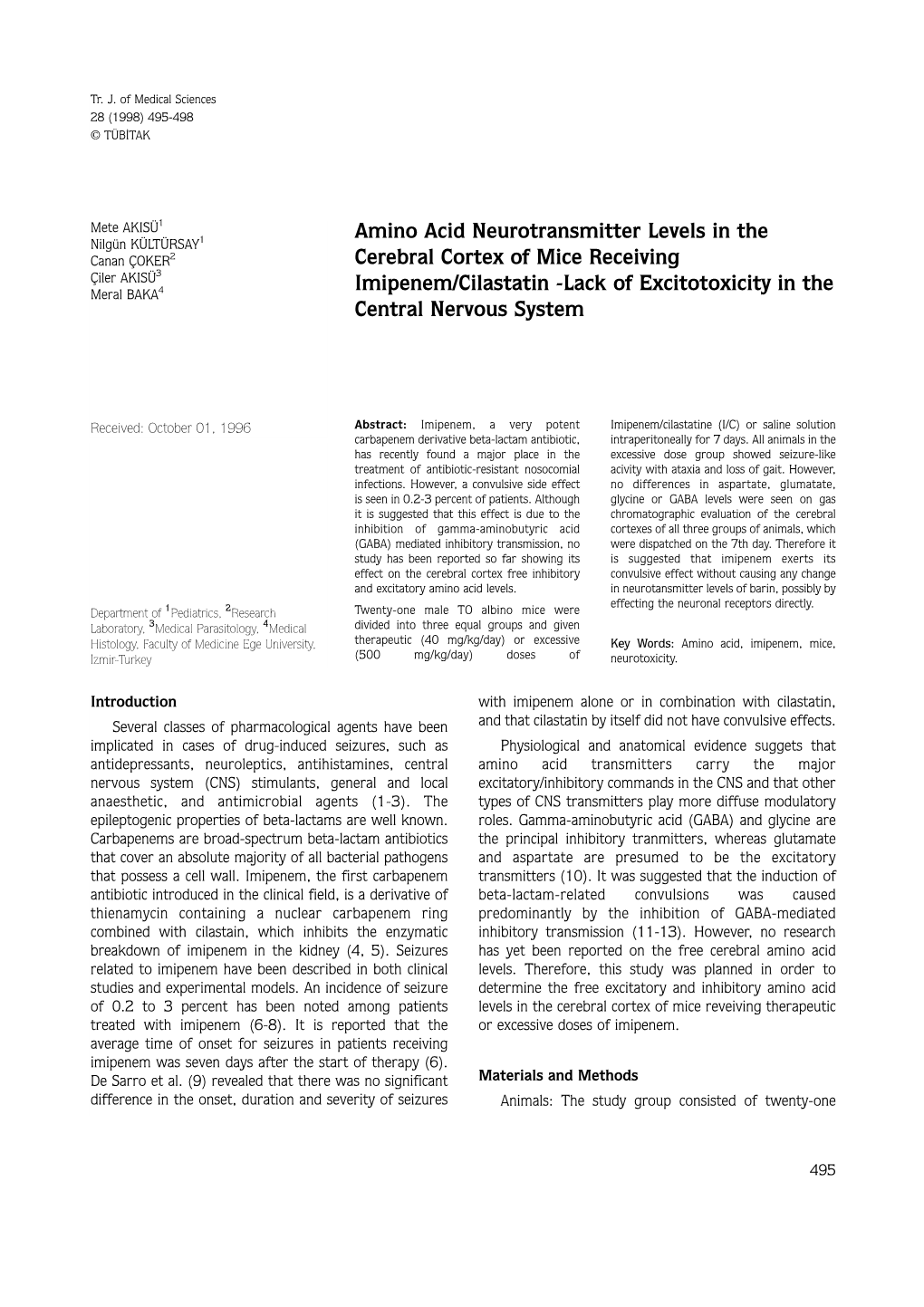 Amino Acid Neurotransmitter Levels in the Cerebral Cortex of Mice Receiving Imipenem/Cilastatin -Lack of Excitotoxicity in the Central Nervous System