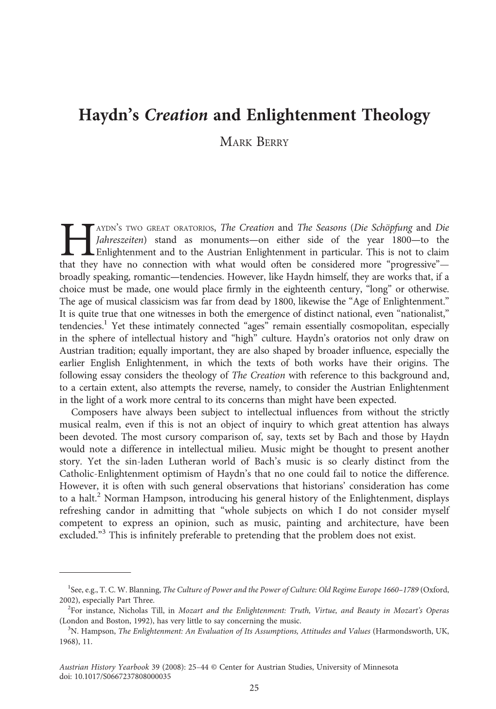 Haydn’S Creation and Enlightenment Theology