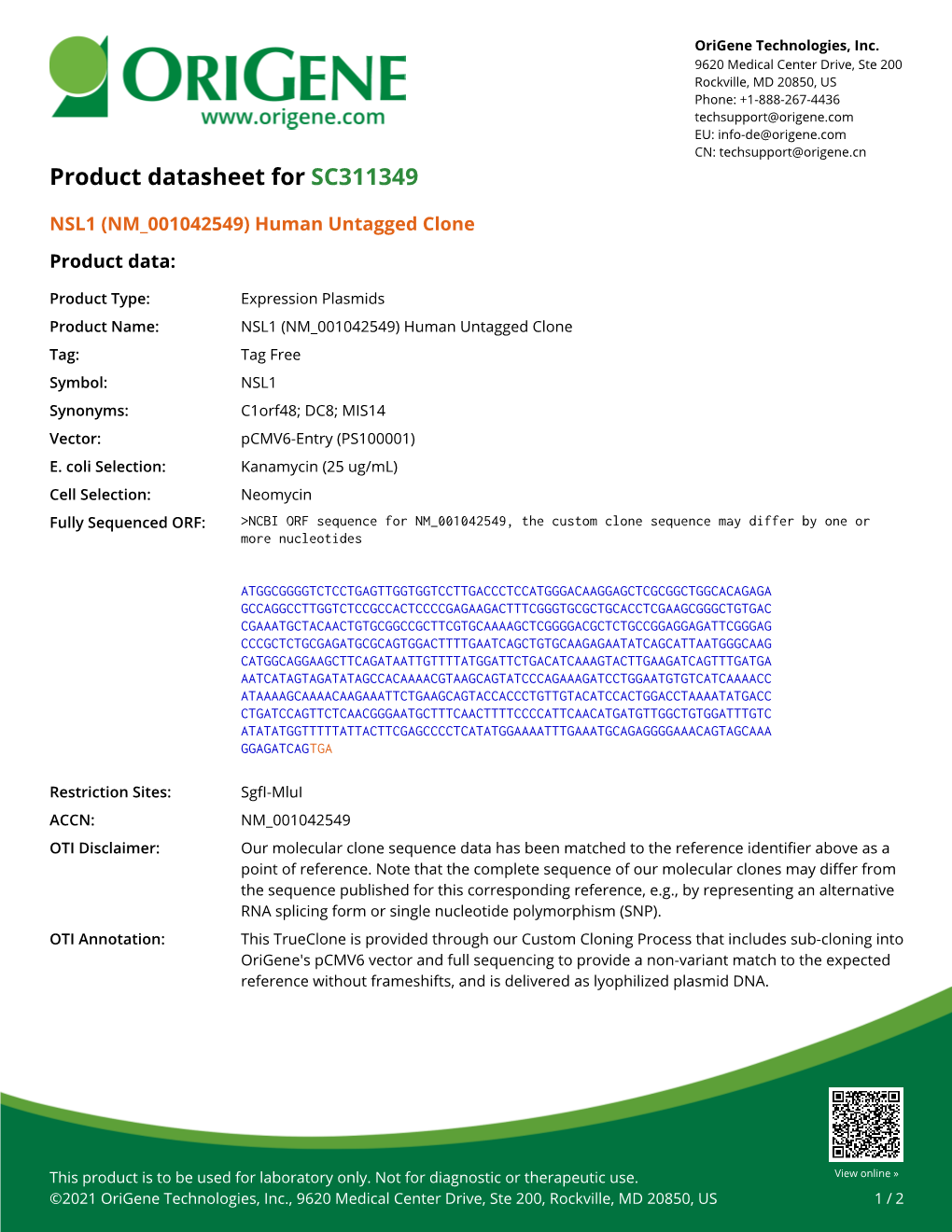 NSL1 (NM 001042549) Human Untagged Clone Product Data