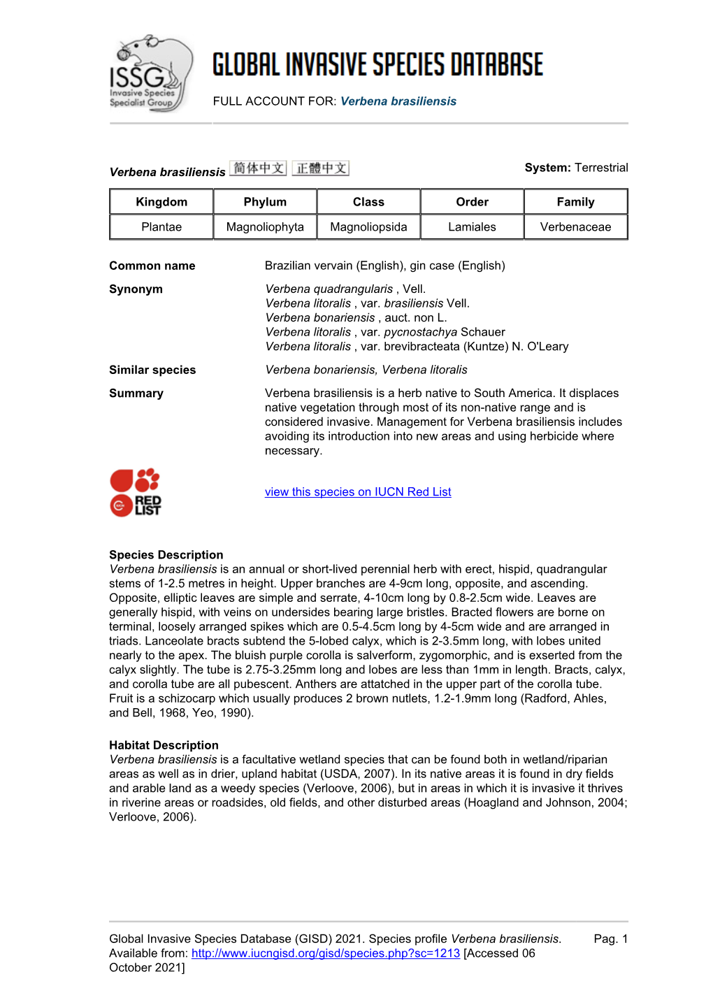 (GISD) 2021. Species Profile Verbena Brasiliensis. Avail