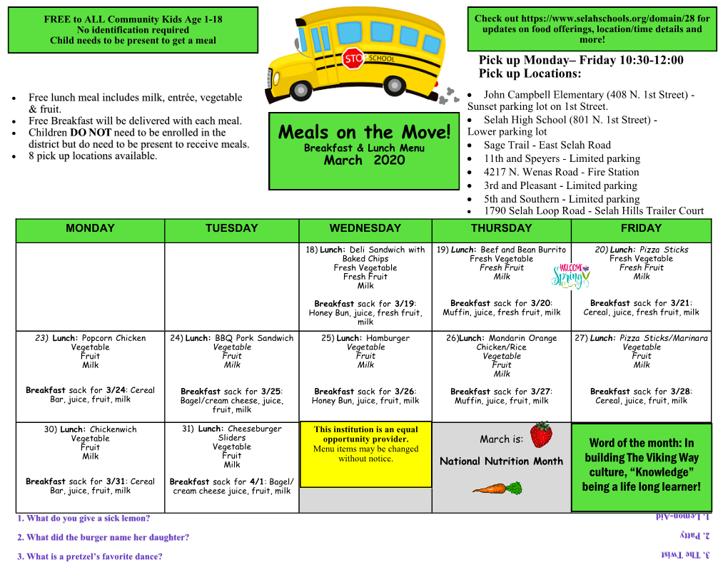 Meals on the Move! Lower Parking Lot District but Do Need to Be Present to Receive Meals