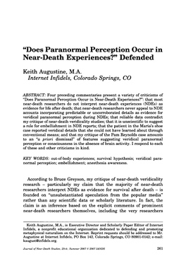 Does Paranormal Perception Occur in Near-Death Experiences?" Defended