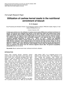 Utilization of Cashew Kernel Meals in the Nutritional Enrichment of Biscuit