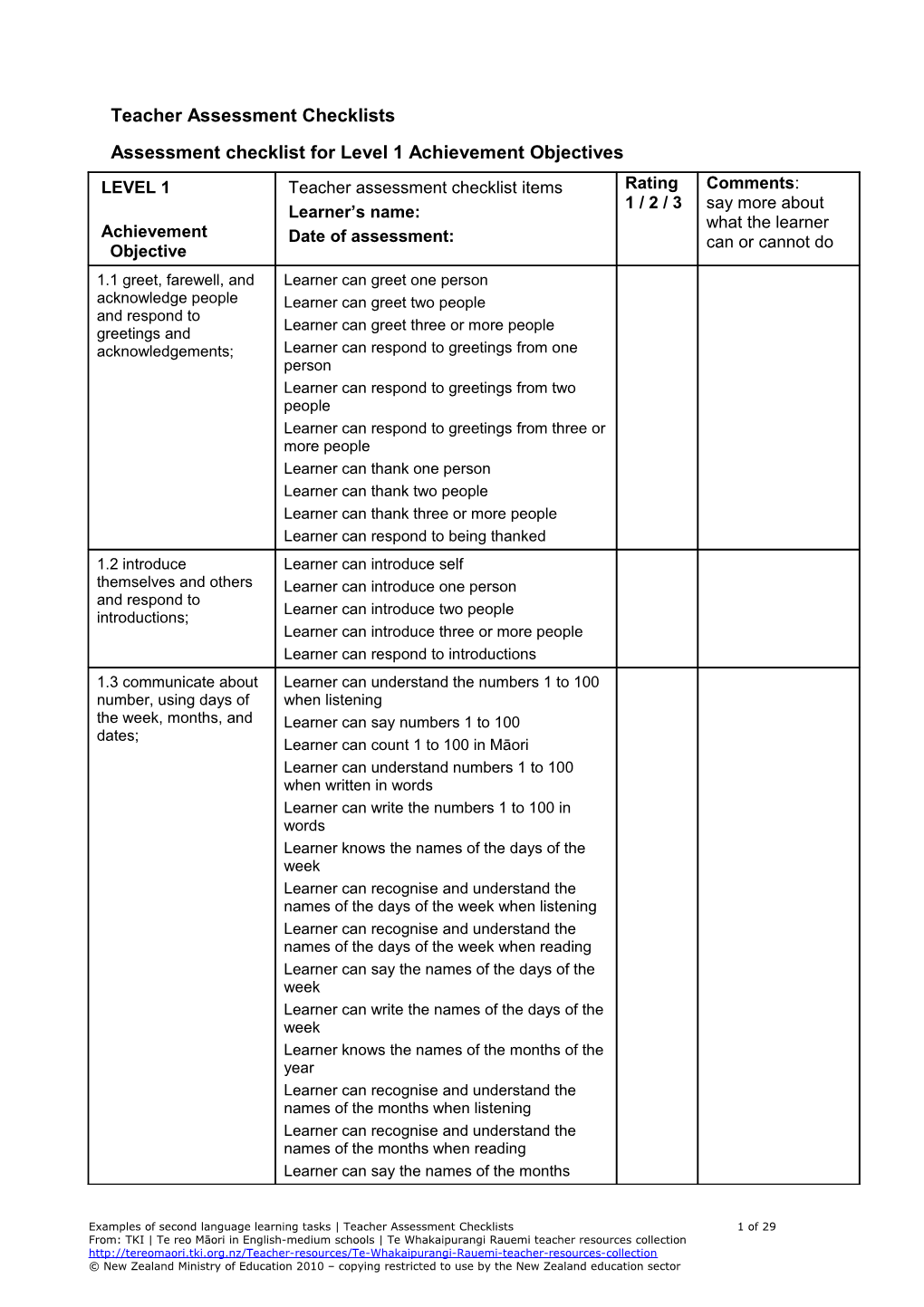 Assessment Checklist for Level 1 Achievement Objectives