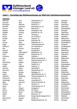 Liste 1 - Vorschlag Des Wahlausschusses Zur Wahl Der Vertreterversammlung