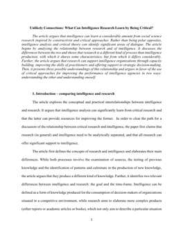 The Article Argues That Intelligence Can Learn a Considerable Amount from Social Science Research Inspired by Constructivist and Critical Approaches