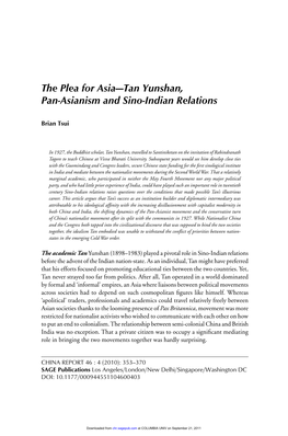 The Plea for Asia—Tan Yunshan, Pan-Asianism and Sino-Indian Relations