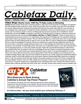 Cablefax Dailytm Monday — February 3, 2020 What the Industry Reads First Volume 31 / No