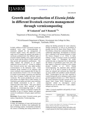 Growth and Reproduction of Eisenia Fetida in Different Livestock Excreta Management Through Vermicomposting