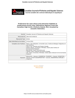 Salvelinus Alpinus) from the Canadian High Arctic (Victoria Island, NU) Revealed by Acoustic Telemetry