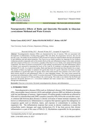 Neuroprotective Effects of Rutin and Quercetin Flavonoids in Glaucium Corniculatum Methanol and Water Extracts