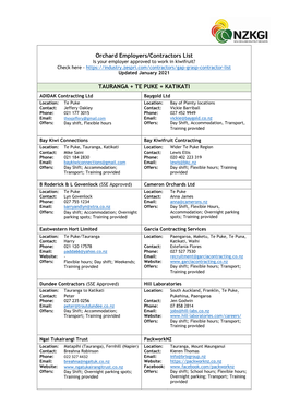 Orchard Employers/Contractors List TAURANGA + TE PUKE + KATIKATI