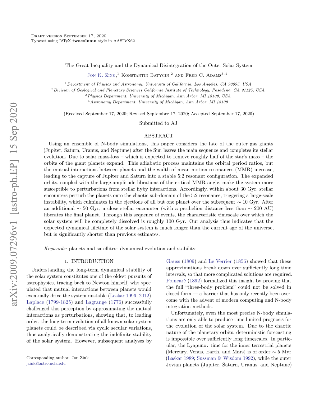 Arxiv:2009.07296V1 [Astro-Ph.EP] 15 Sep 2020 Challenged This Perception by Approximating the Mutual Integration Methods