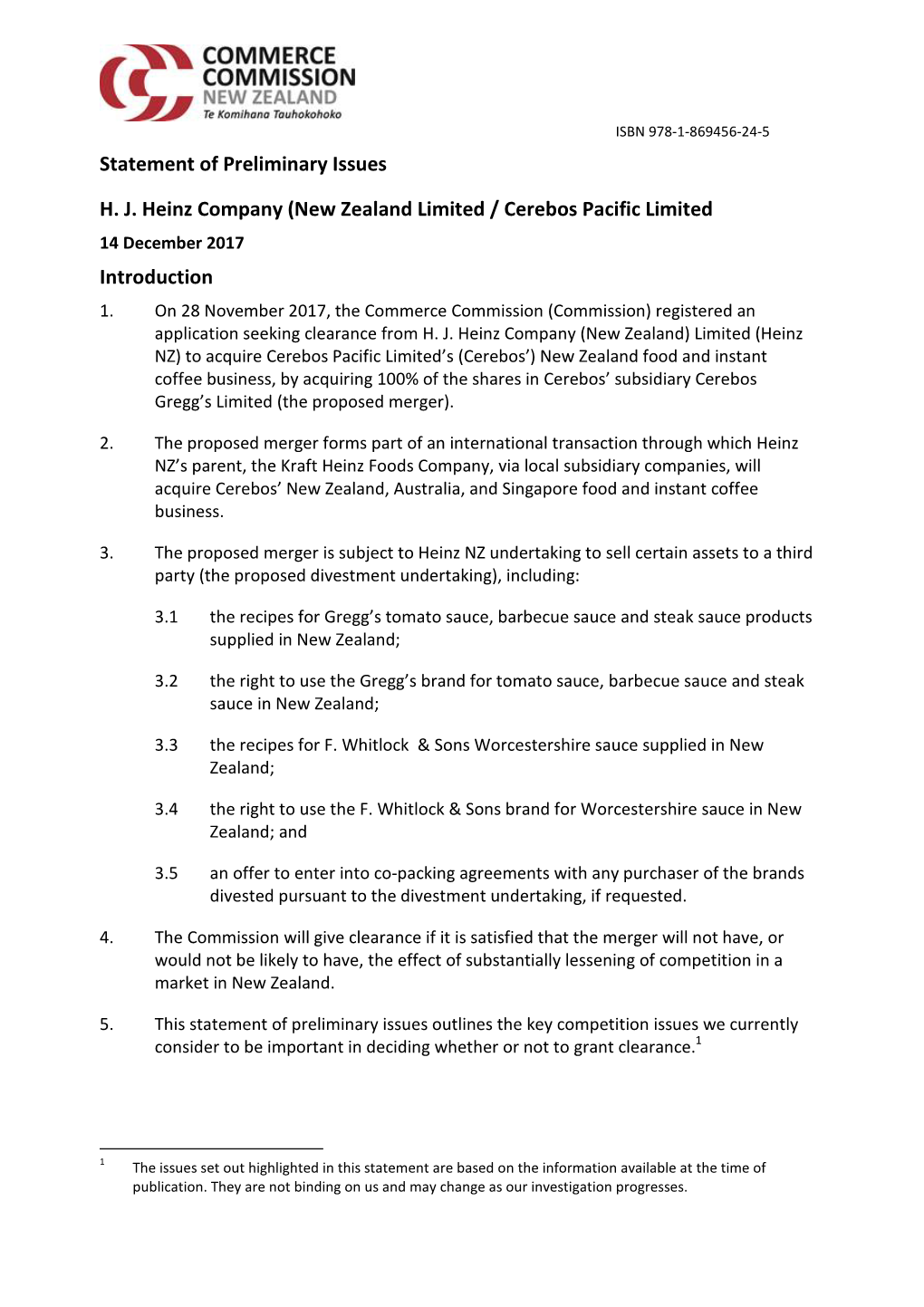 Statement of Preliminary Issues H. J. Heinz Company (New Zealand