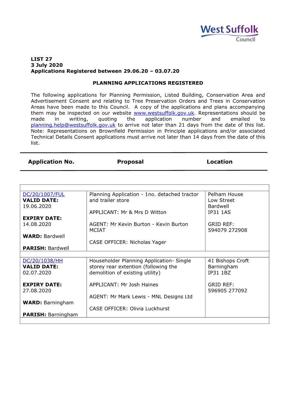 WSC Planning Applications 27/20