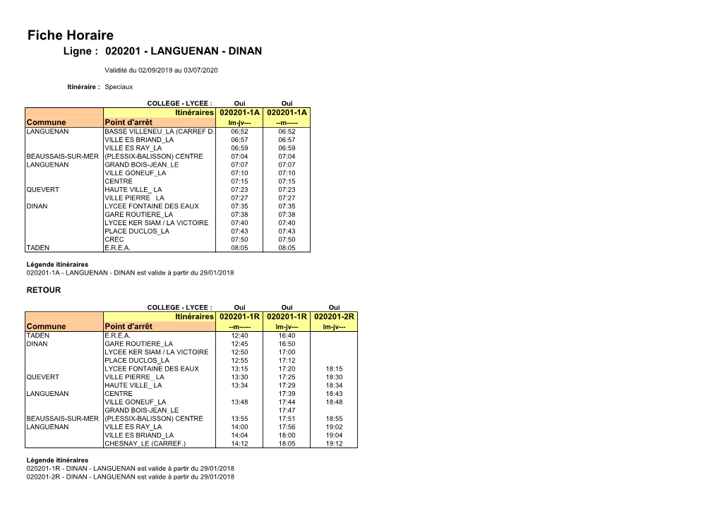 Fiche Horaire Ligne : 020201 - LANGUENAN - DINAN