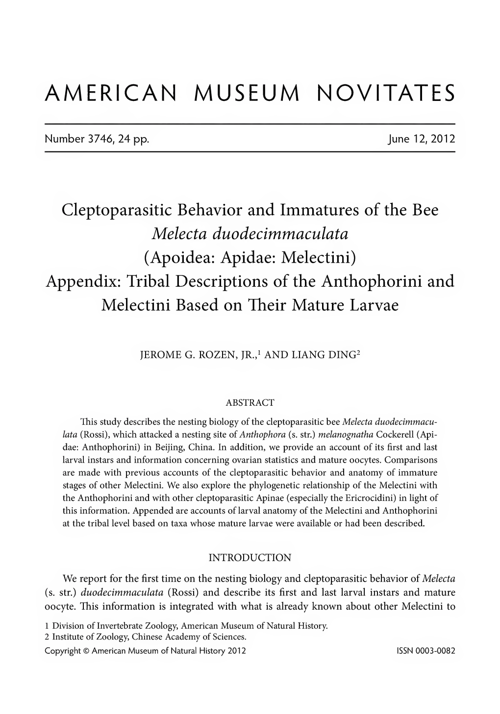 Cleptoparasitic Behavior and Immatures of the Bee Melecta