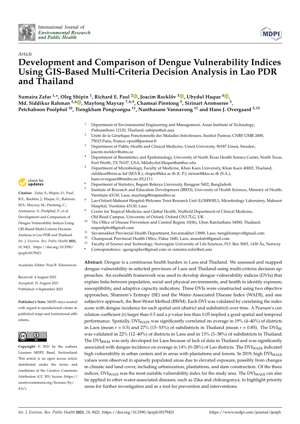 Development and Comparison of Dengue Vulnerability Indices Using GIS-Based Multi-Criteria Decision Analysis in Lao PDR and Thailand