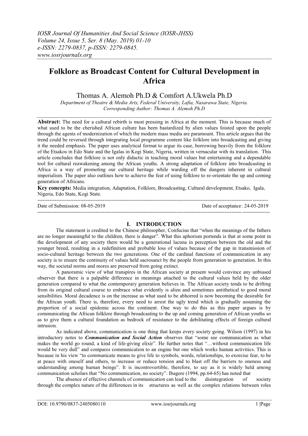 Folklore As Broadcast Content for Cultural Development in Africa