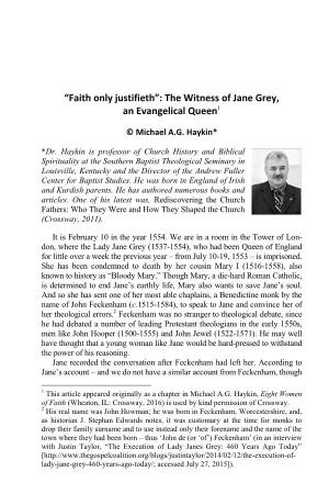 “Faith Only Justifieth”: the Witness of Jane Grey, an Evangelical Queen1
