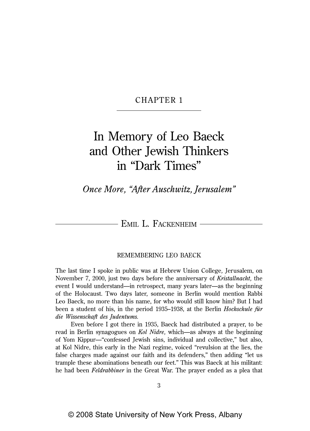 In Memory of Leo Baeck and Other Jewish Thinkers in “Dark Times”