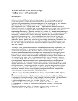 Administrative Review and Oversight: the Experience of Westminster