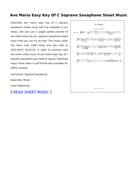 Ave Maria Easy Key of C Soprano Saxophone Sheet Music