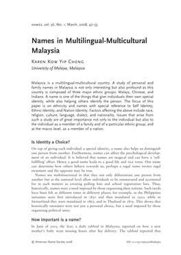 Names in Multilingual-Multicultural Malaysia Karen Kow Yip Cheng University of Malaya, Malaysia