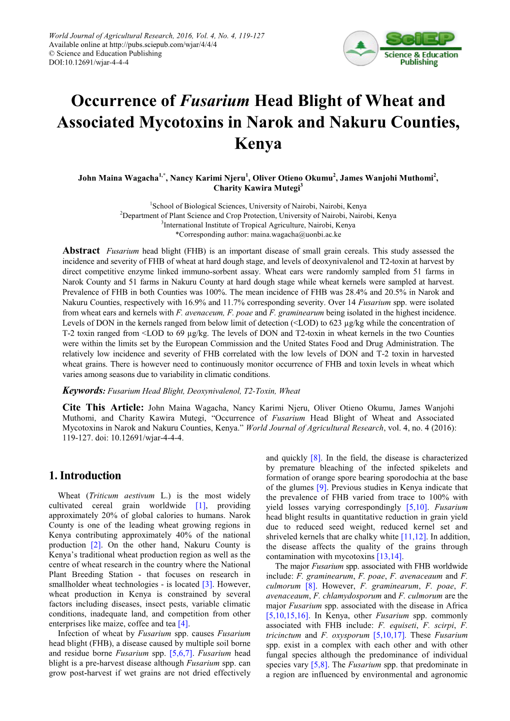 Occurrence of Fusarium Head Blight of Wheat and Associated Mycotoxins in Narok and Nakuru Counties, Kenya