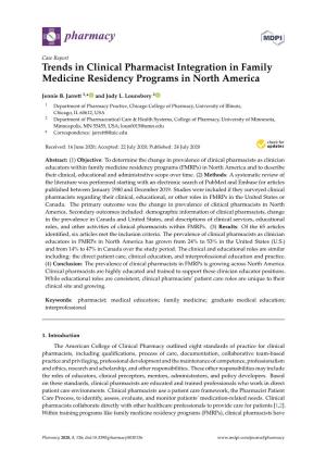 Trends in Clinical Pharmacist Integration in Family Medicine Residency Programs in North America