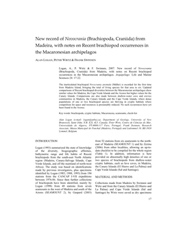 New Record of Novocrania (Brachiopoda, Craniida) from Madeira, with Notes on Recent Brachiopod Occurrences in the Macaronesian Archipelagos