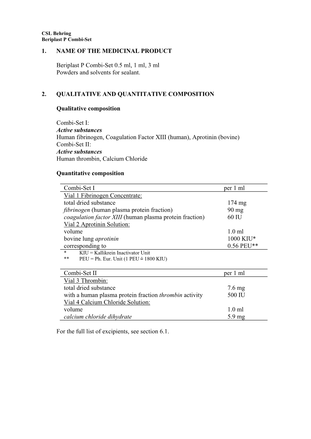 1. NAME of the MEDICINAL PRODUCT Beriplast P Combi-Set 0.5 Ml, 1 Ml, 3 Ml Powders and Solvents for Sealant. 2. QUALITATIVE and Q