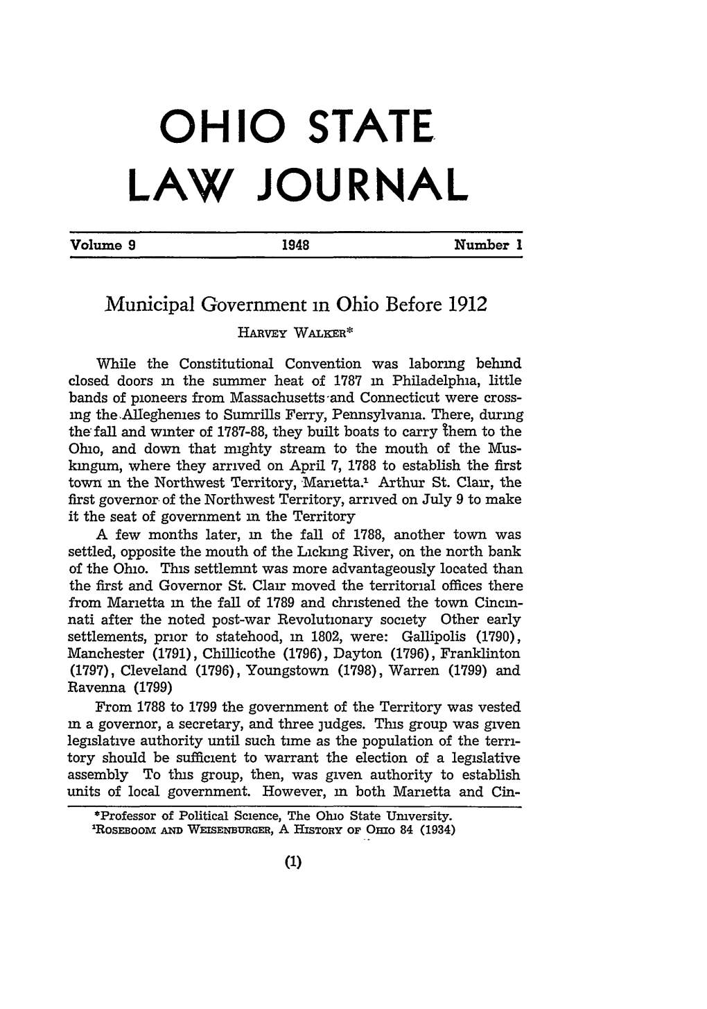 Municipal Government in Ohio Before 1912 HARVEY WALKER*