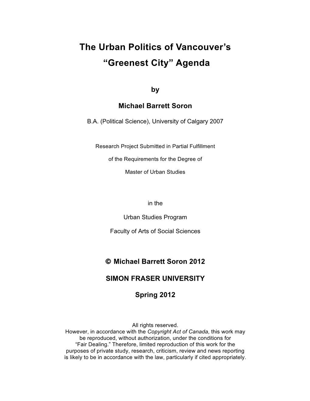 Greenest City” Agenda