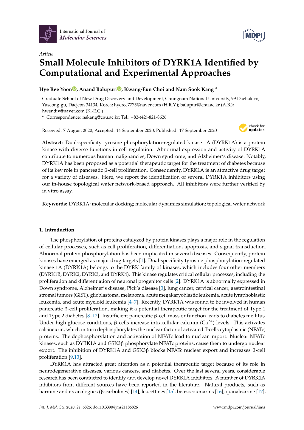 Small Molecule Inhibitors of DYRK1A Identified by Computational And