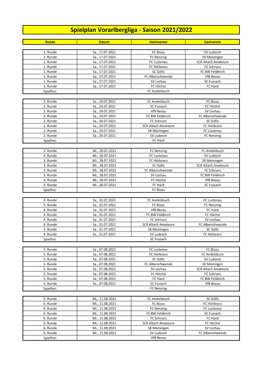 Spielplan Vorarlbergliga - Saison 2021/2022