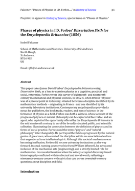 Phases of Physics in J.D. Forbes' Dissertation Sixth for The