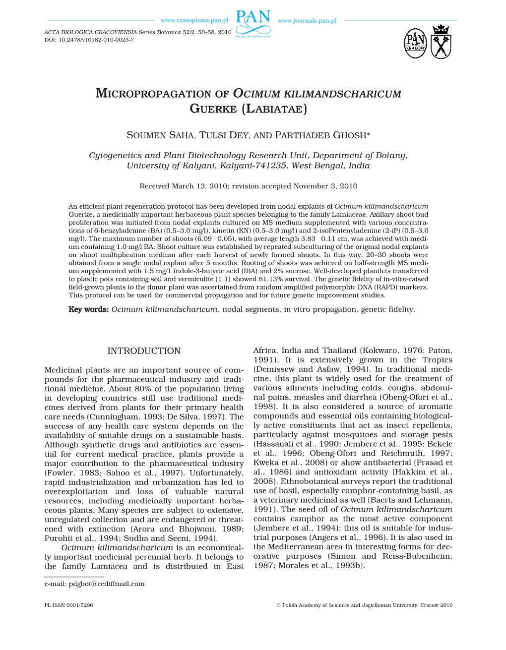 Micropropagation of Ocimum Kilimandscharicum Guerke (Labiatae)
