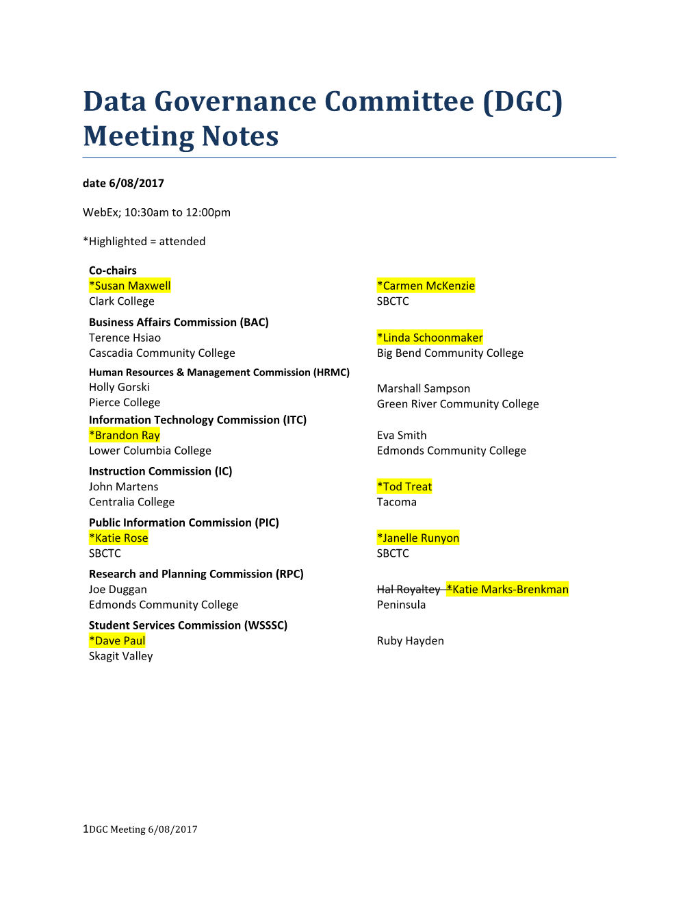 Data Governance Committee (DGC) Meeting Notes