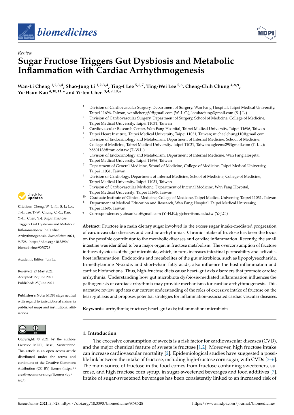 Sugar Fructose Triggers Gut Dysbiosis and Metabolic Inflammation with Cardiac Arrhythmogenesis