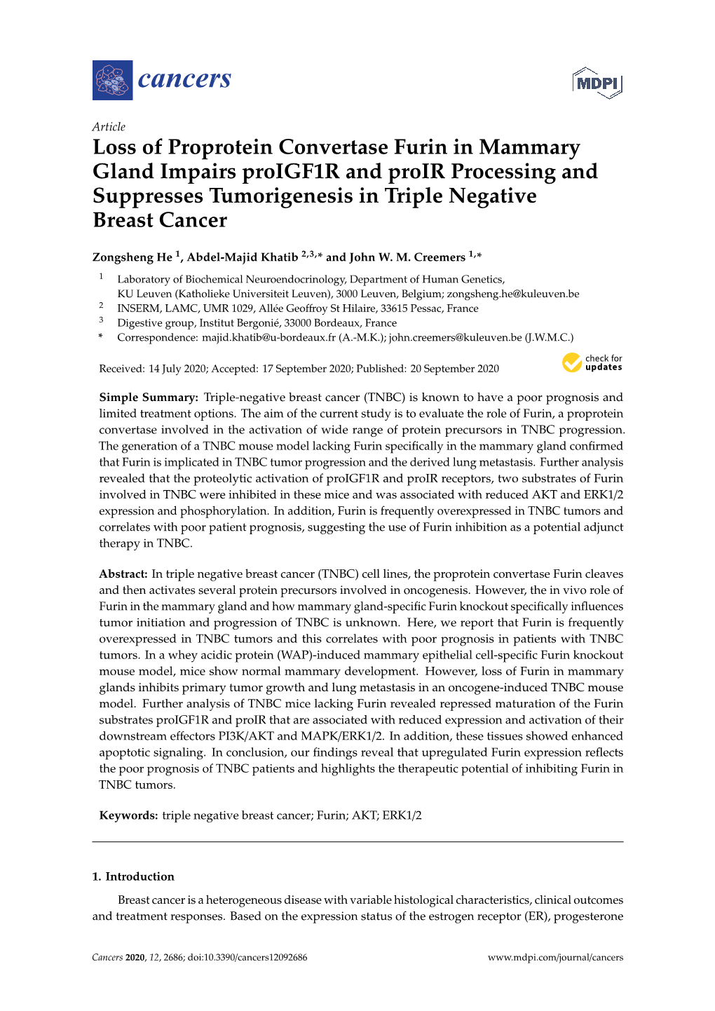 Loss of Proprotein Convertase Furin in Mammary Gland Impairs Proigf1r and Proir Processing and Suppresses Tumorigenesis in Triple Negative Breast Cancer