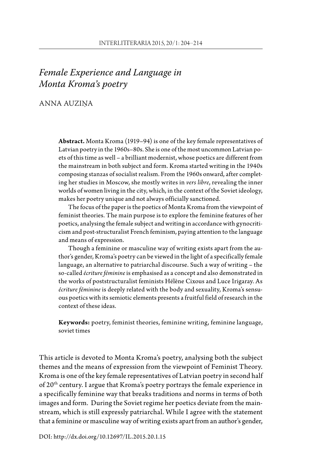 Female Experience and Language in Monta Kroma's