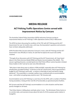 MEDIA RELEASE ACT Policing Traffic Operations Centre Served with Improvement Notice by Comcare