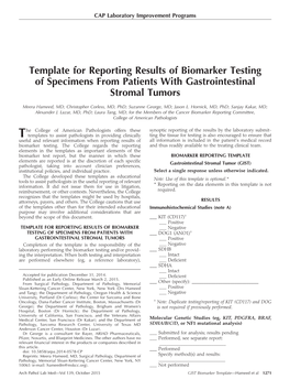 Template for Reporting Results of Biomarker Testing of Specimens from Patients with Gastrointestinal Stromal Tumors