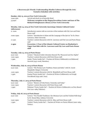 A Reverence for Words: Understanding Muslim Cultures Through the Arts: Tentative Schedule with Activities