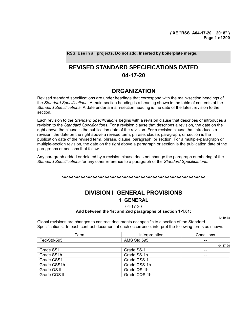 Revised Standard Specifications Dated 04-17-20 Organization