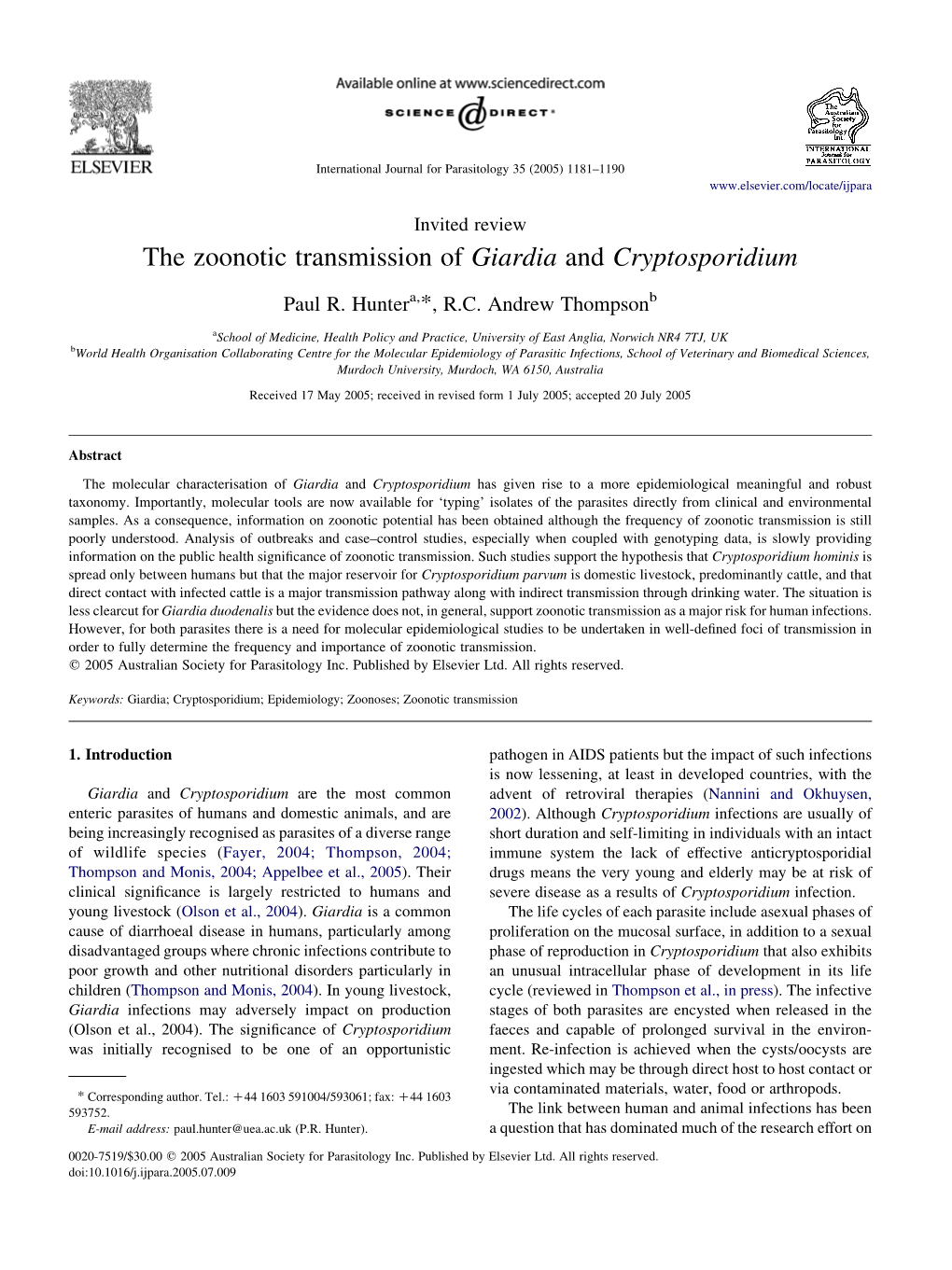 The Zoonotic Transmission of Giardia and Cryptosporidium