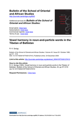 Bulletin of the School of Oriental and African Studies Vowel Harmony In