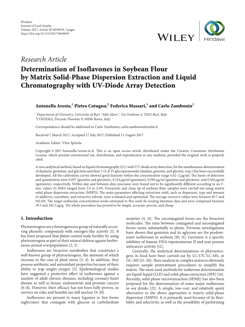 Determination of Isoflavones in Soybean Flour by Matrix Solid-Phase Dispersion Extraction and Liquid Chromatography with UV-Diode Array Detection